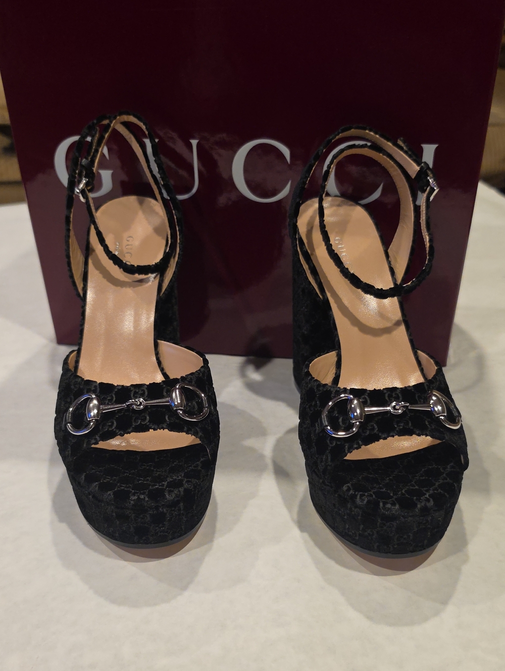 Gucci Black Velvet Platform Sandals with Silver Horsebit